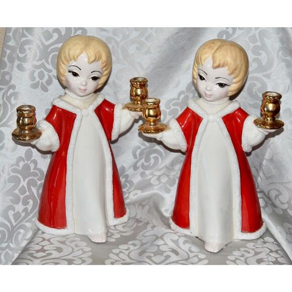 HOLT-HOWARD Christmas Holiday Ceramic Choir Girls Hand Painted Candle Holders - Picture 1 of 7